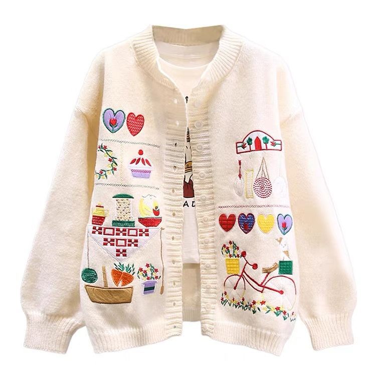 Japanese Cartoon Vintage Embroidered Sweater Coat Women's Autumn And Winter Knitting Cardigan