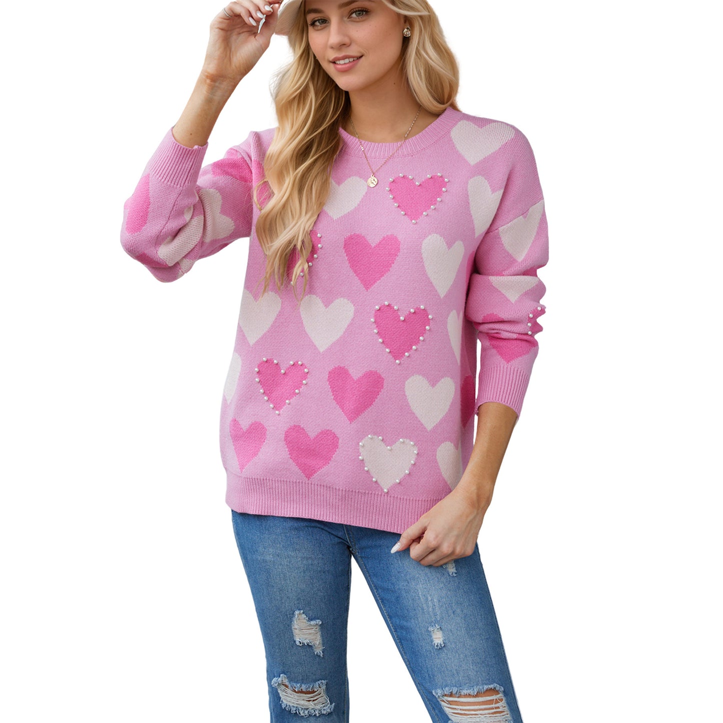 Valentine's Day Round Neck Handmade Beaded Heart Peach Sweater