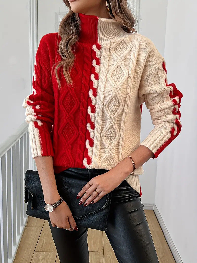 New Women's Fashion Color Contrast Stitching Symmetrical High Collar Loose Sweater