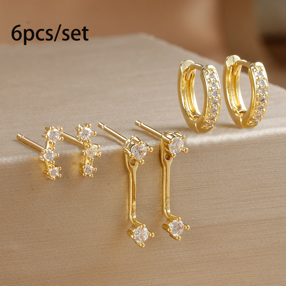 Women's Inlaid Zircon 18K Gold Plating 6-piece Set Trendy Earrings