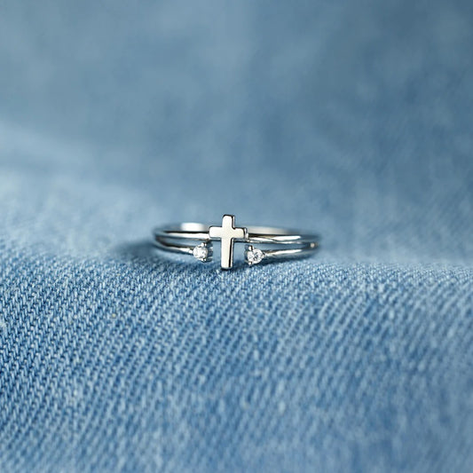 S925 Sterling Silver Cross Zircon Ring