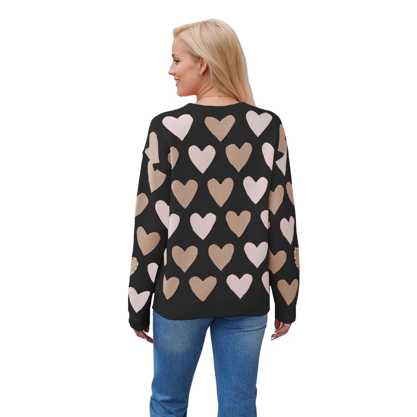 Valentine's Day Round Neck Handmade Beaded Heart Peach Sweater