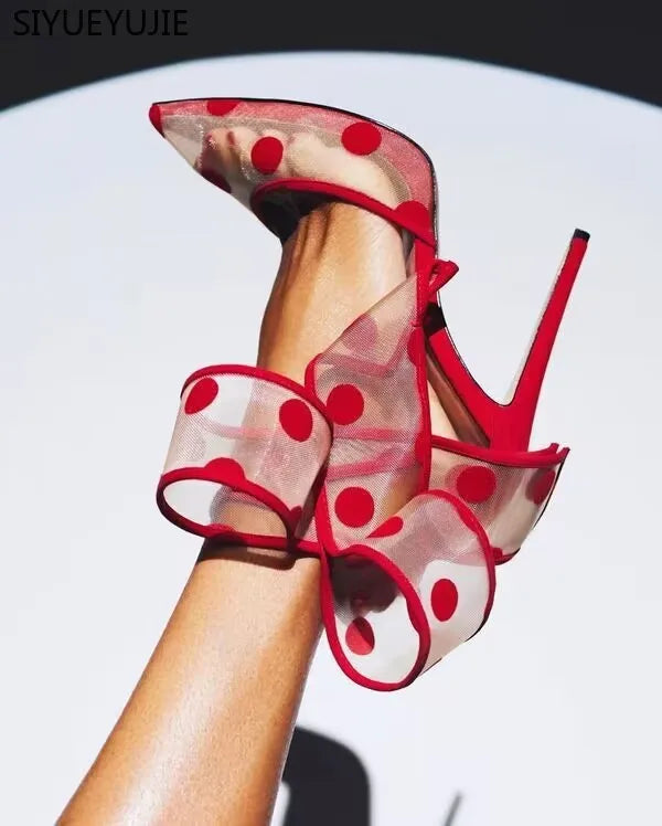 Polka Dot Bow Pumps Red Mesh Pointed Toe Stiletto Heels Side Butterfly Knot Sandals Women Evening Party Shoes Zapatos Mujere