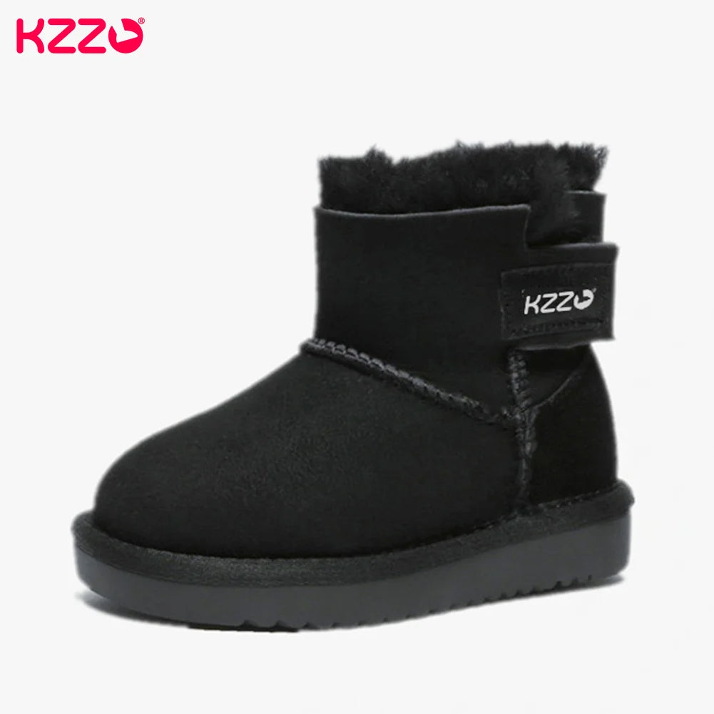 KZZO Sheepskin Suede Leather Natural Wool Fur Lined Big Kids Winter Snow Boots Students Ankle Warm Shoes Children Boys And Girls