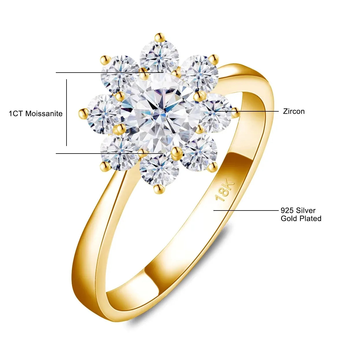 Szjinao 100% Real 14k Gold Flower Ring Full Moissanite Diamond 1 Carat Wedding Fine Jewelry 585 K Gold Trendy Valentine Day Gift