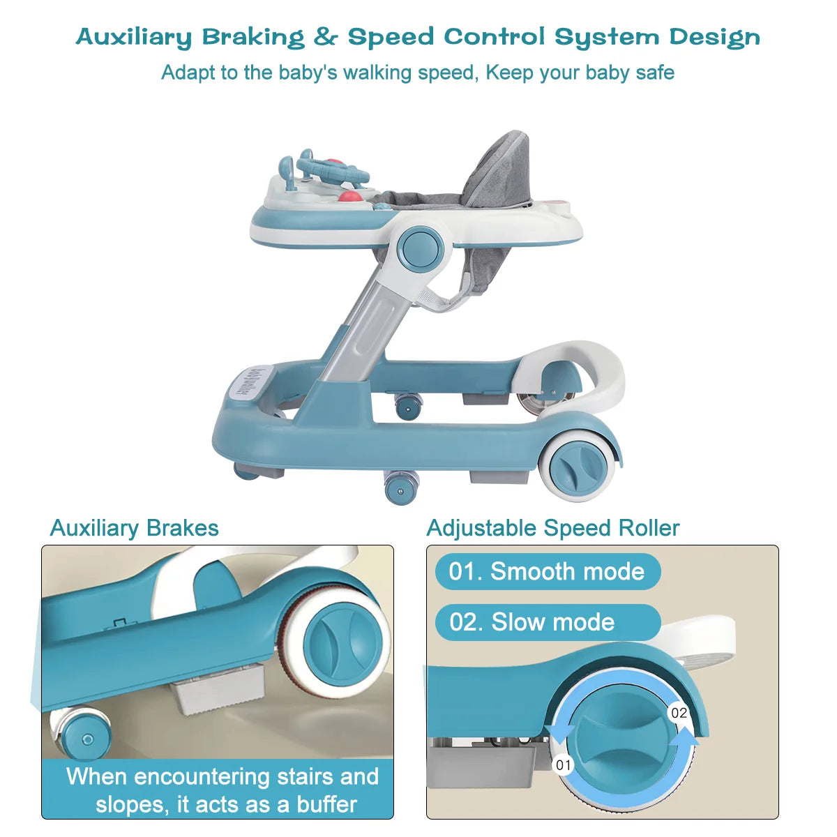 Foldable Baby Activity Walker, Push Walker with Removable Feeding Tray and Music Tray for 6-18 Months baby