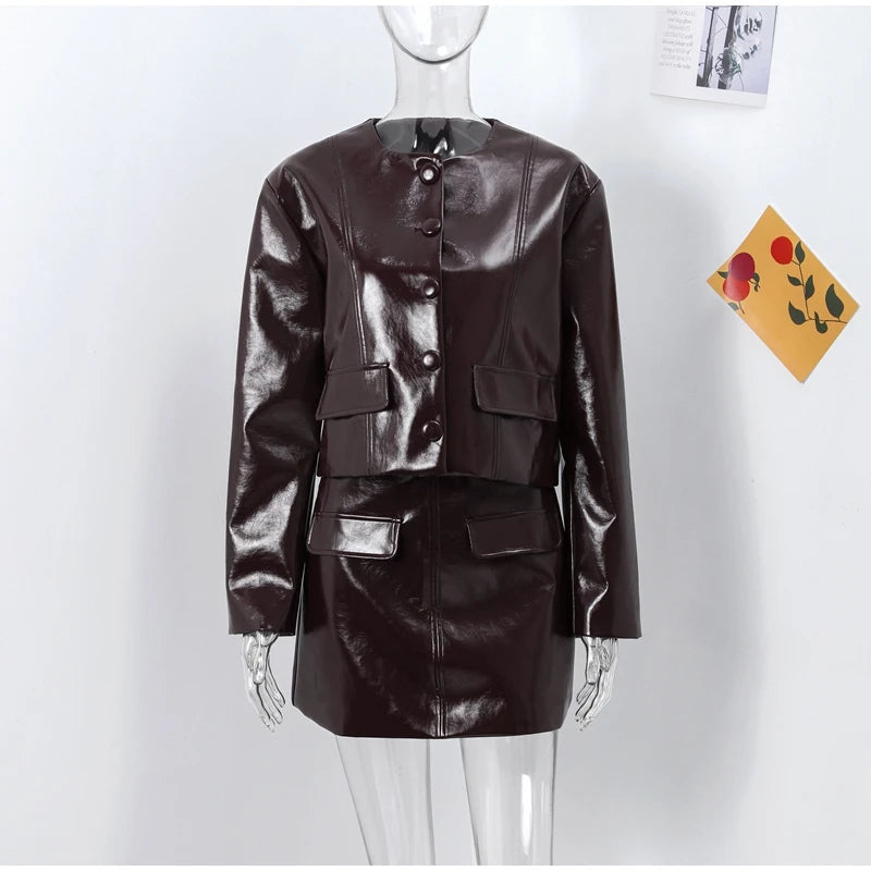 Street Leather Jacket Short Skirt Set Women O-neck Single Breasted Jackets Sexy Mini Skirts 2024 Autumn Lady Locomotive Outfits