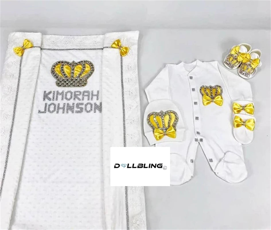 Dollbling 5pcs Newborn Welcome Home Outfits Cotton Infant Baby Nest Luxury Bedding Personalized Embroidery Blanket Set