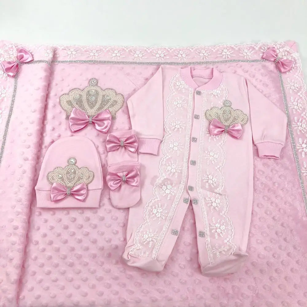 Dollbling 5pcs Newborn Welcome Home Outfits Cotton Infant Baby Nest Luxury Bedding Personalized Embroidery Blanket Set