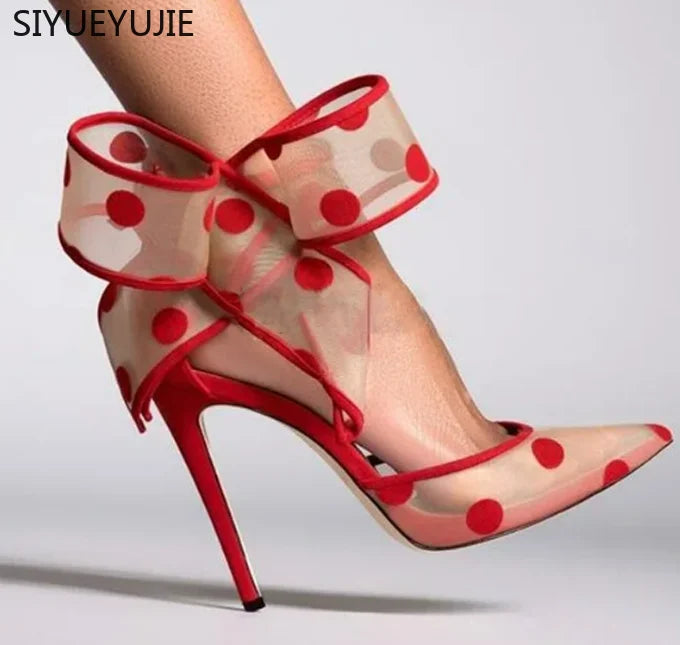 Polka Dot Bow Pumps Red Mesh Pointed Toe Stiletto Heels Side Butterfly Knot Sandals Women Evening Party Shoes Zapatos Mujere