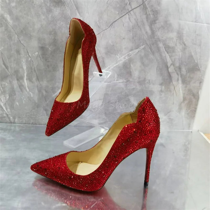 Red Rhinestone Pumps Stiletto High Heels Single Shoes Women Golden Full Diamonds Shallow Shoes for Lady Brand Design Big Size 43