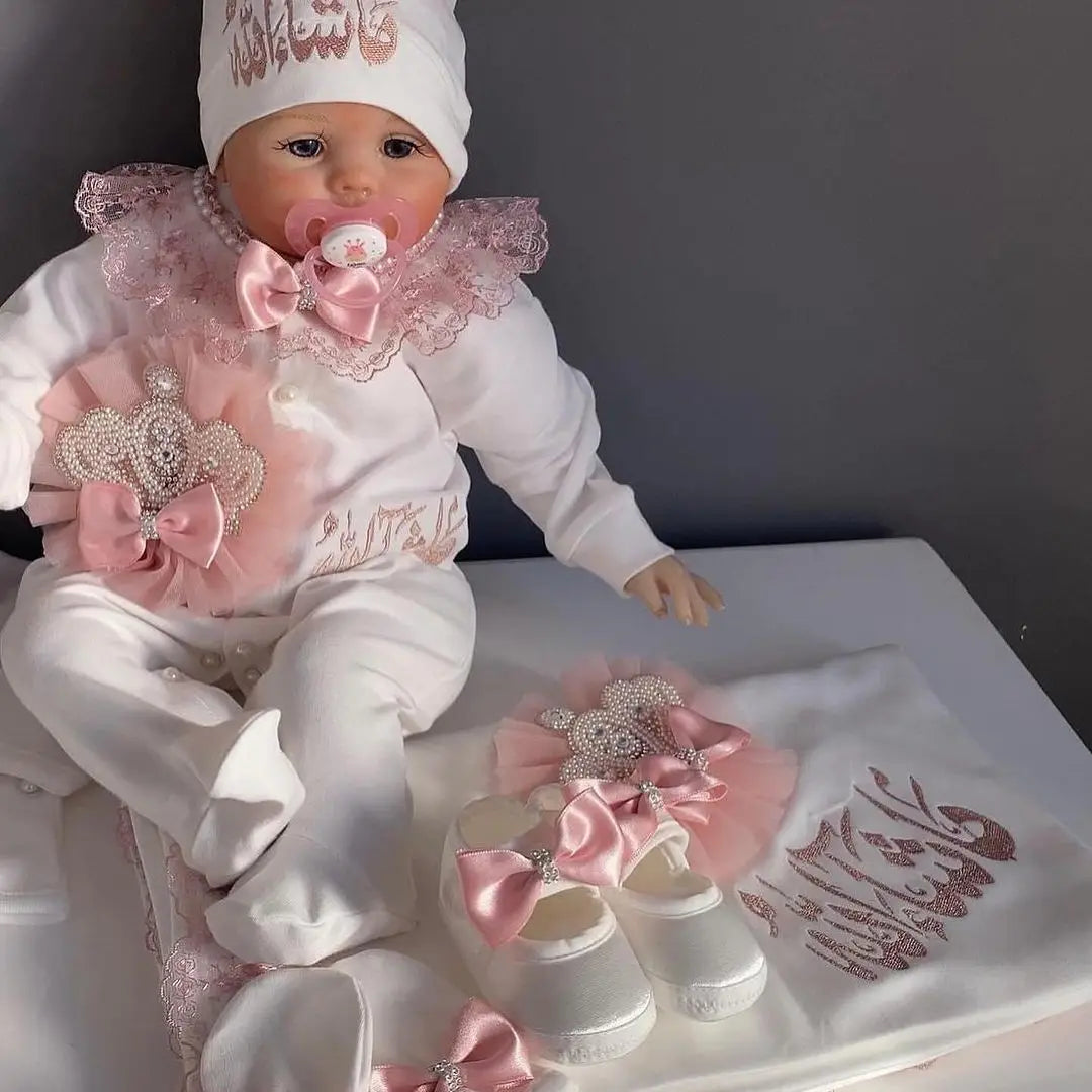 Dollbling 5pcs Newborn Welcome Home Outfits Cotton Infant Baby Nest Luxury Bedding Personalized Embroidery Blanket Set