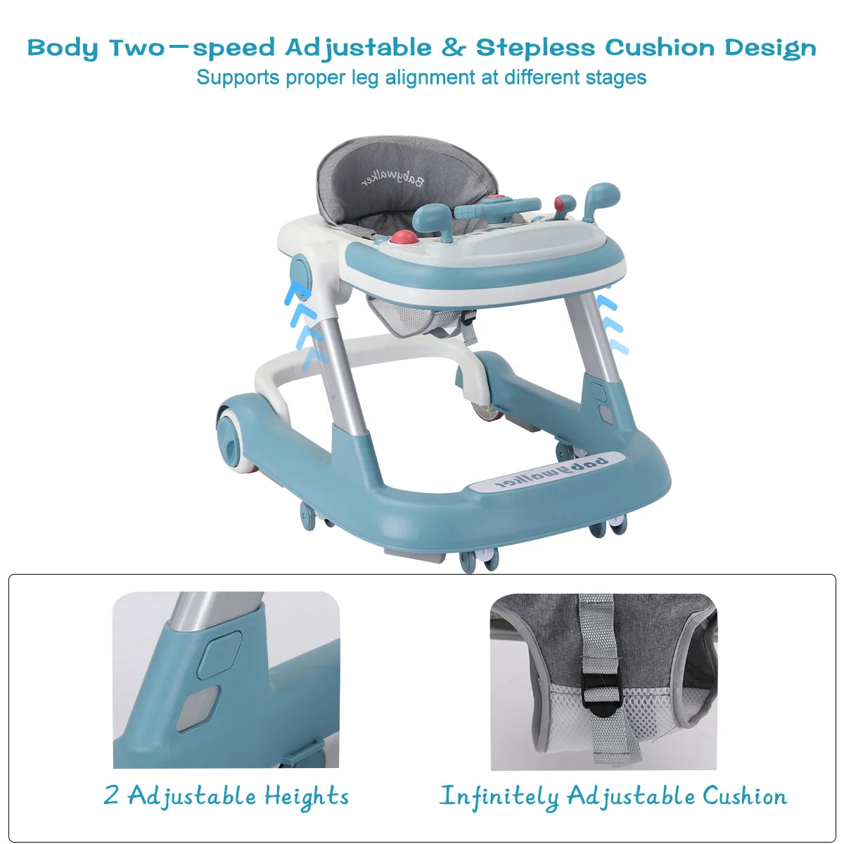 Foldable Baby Activity Walker, Push Walker with Removable Feeding Tray and Music Tray for 6-18 Months baby