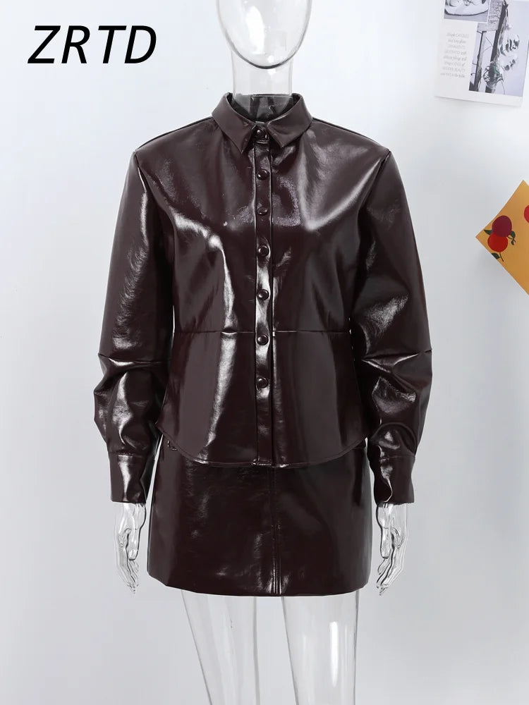 Street Leather Jacket Short Skirt Set Women O-neck Single Breasted Jackets Sexy Mini Skirts 2024 Autumn Lady Locomotive Outfits