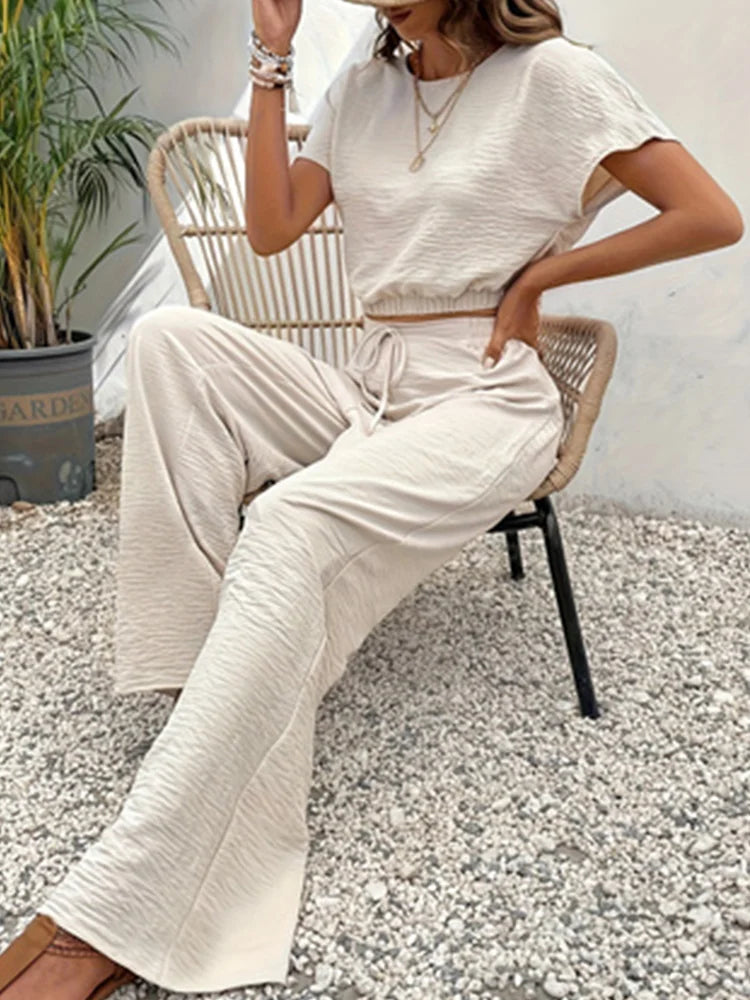 2024 Summer Soild Apricot Color Two Piece Set Women Casual Slash Neck Short Tops + High Waist Wide Leg Pants Female Suit New