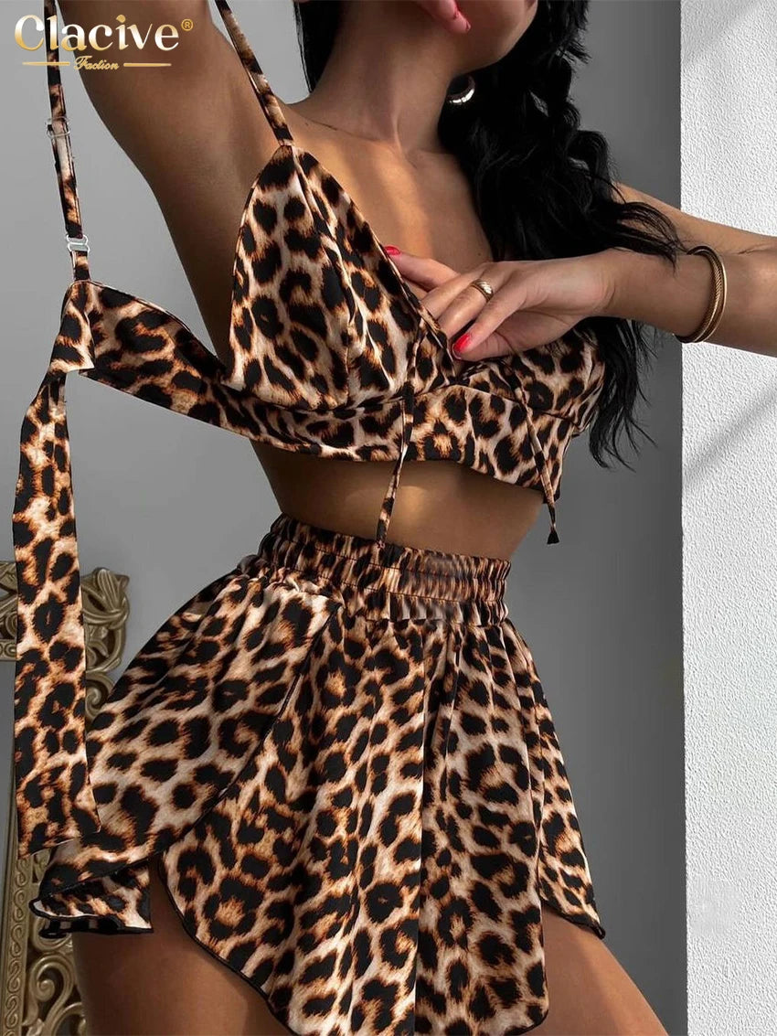 Clacive Sexy Loose Leopard Print 3 Piece Sets Women Outfit Fashion Long Sleeve Shirt + Bra With High Waist Shorts Set Streetwear