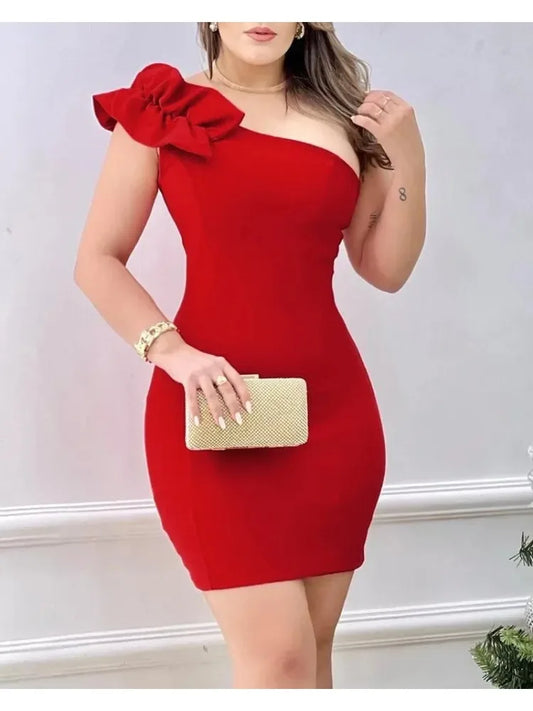 Sexy Mini Dress Women 2024 Summer New Fashion One Shoulder Ruffle Hem Bodycon Dress Elegant  Woman Clothing Party Dresses