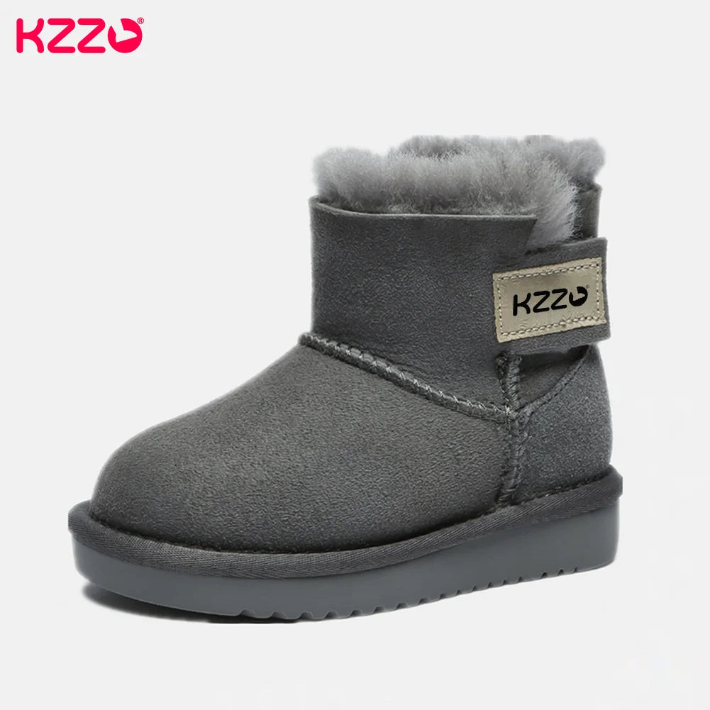 KZZO Sheepskin Suede Leather Natural Wool Fur Lined Big Kids Winter Snow Boots Students Ankle Warm Shoes Children Boys And Girls