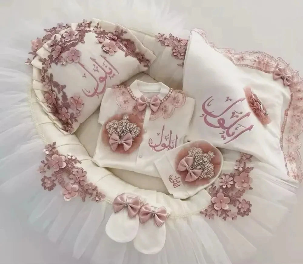 Dollbling 5pcs Newborn Welcome Home Outfits Cotton Infant Baby Nest Luxury Bedding Personalized Embroidery Blanket Set