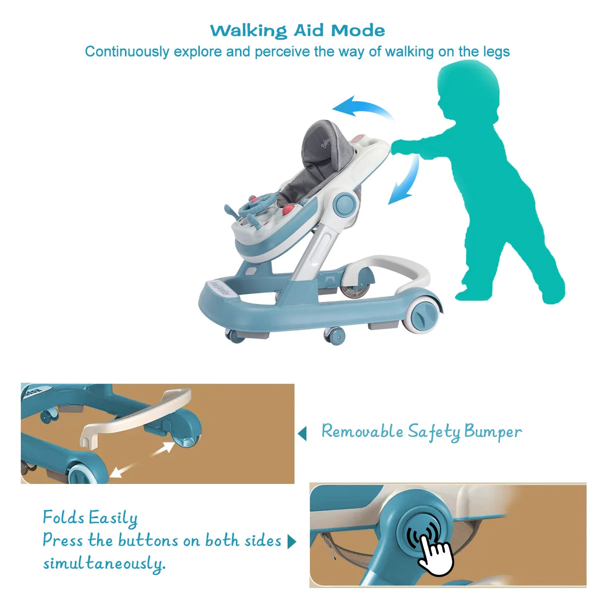 Foldable Baby Activity Walker, Push Walker with Removable Feeding Tray and Music Tray for 6-18 Months baby