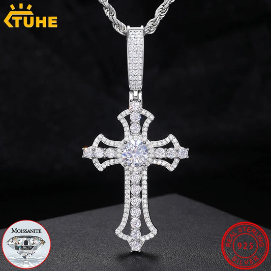 Original S925 Sterling Silver Charms Cross Pedant Neckalce For Man Women Full Sparkling D Color Moissanite Hip Hop Jewelry Gifts