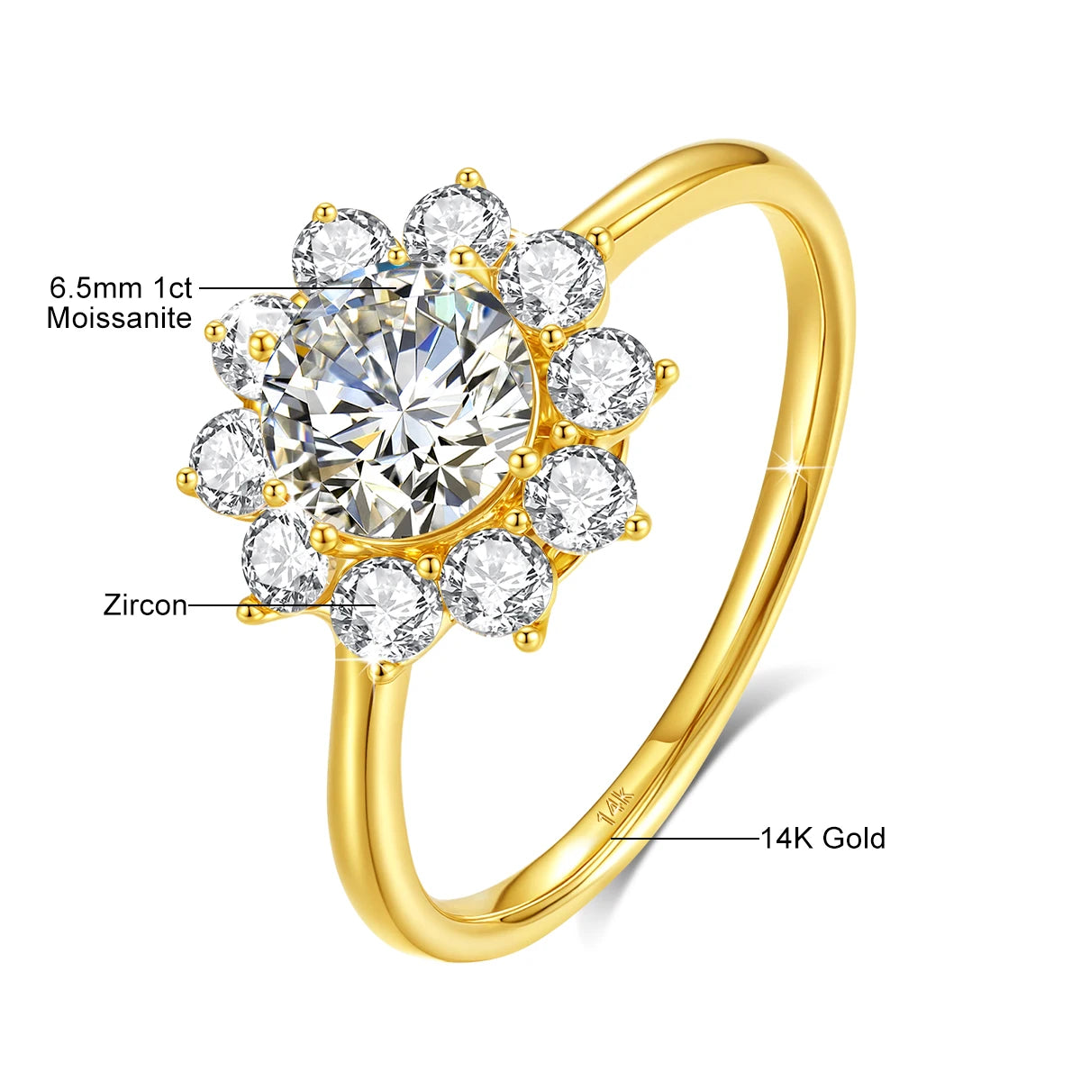 Szjinao 100% Real 14k Gold Flower Ring Full Moissanite Diamond 1 Carat Wedding Fine Jewelry 585 K Gold Trendy Valentine Day Gift