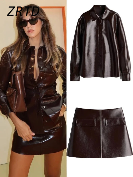 Street Leather Jacket Short Skirt Set Women O-neck Single Breasted Jackets Sexy Mini Skirts 2024 Autumn Lady Locomotive Outfits