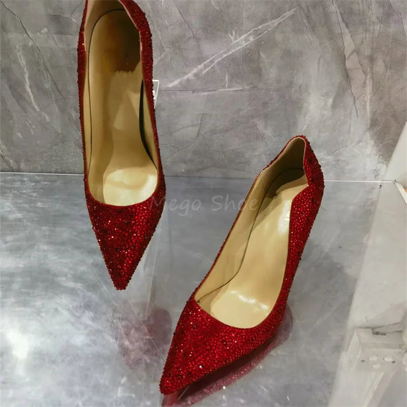 Red Rhinestone Pumps Stiletto High Heels Single Shoes Women Golden Full Diamonds Shallow Shoes for Lady Brand Design Big Size 43