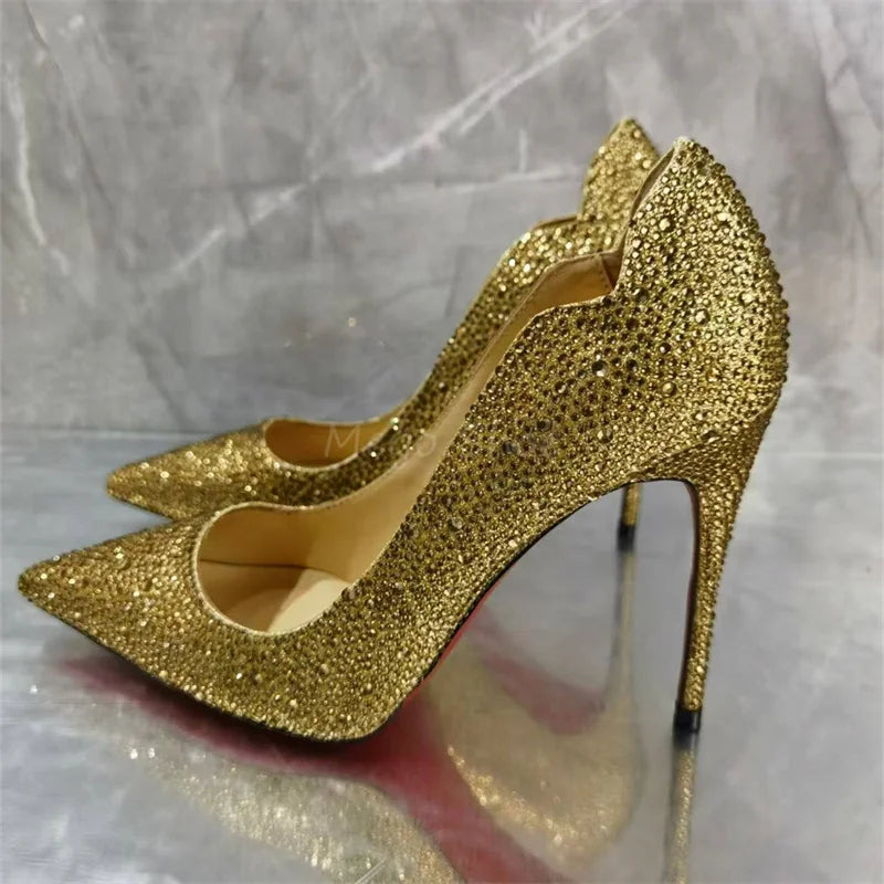 Red Rhinestone Pumps Stiletto High Heels Single Shoes Women Golden Full Diamonds Shallow Shoes for Lady Brand Design Big Size 43