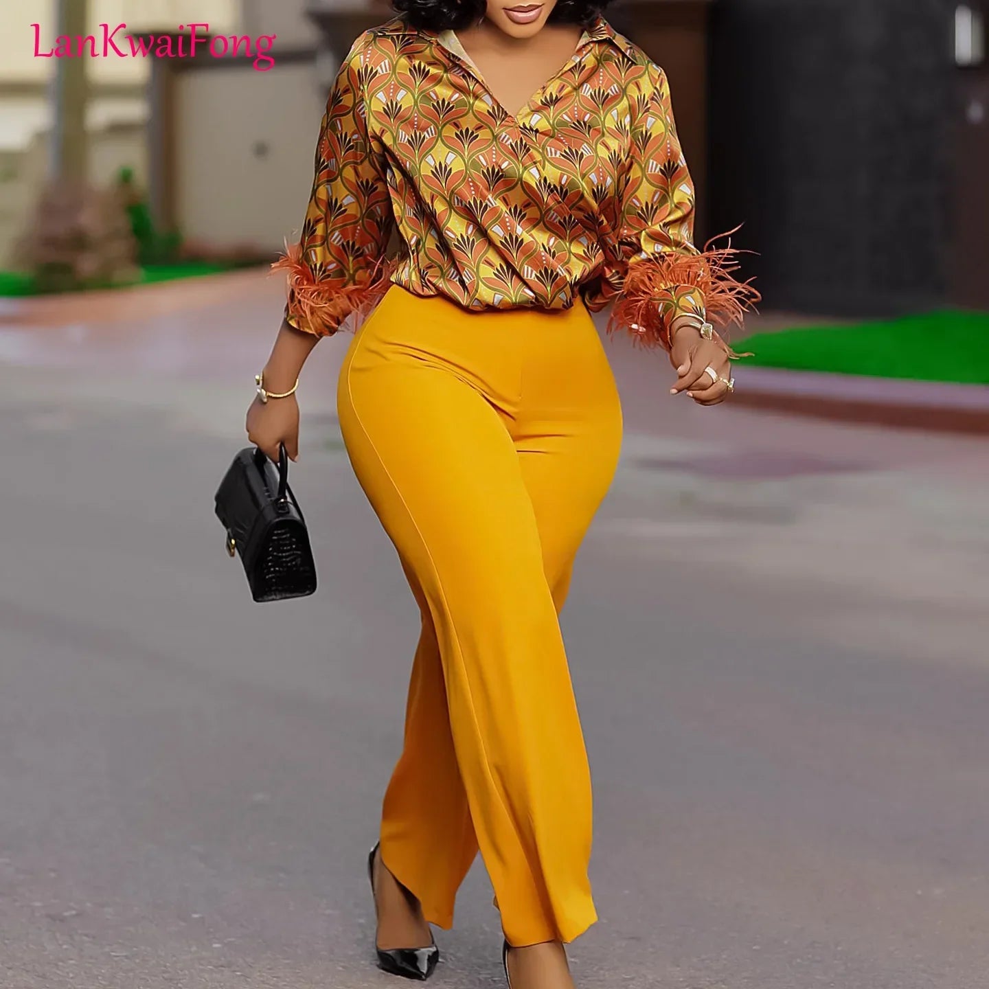 LKF New Commuting Elegant Women's Set Printed Long Sleeve Collar Shirt Wide Leg Pants Two Piece Set