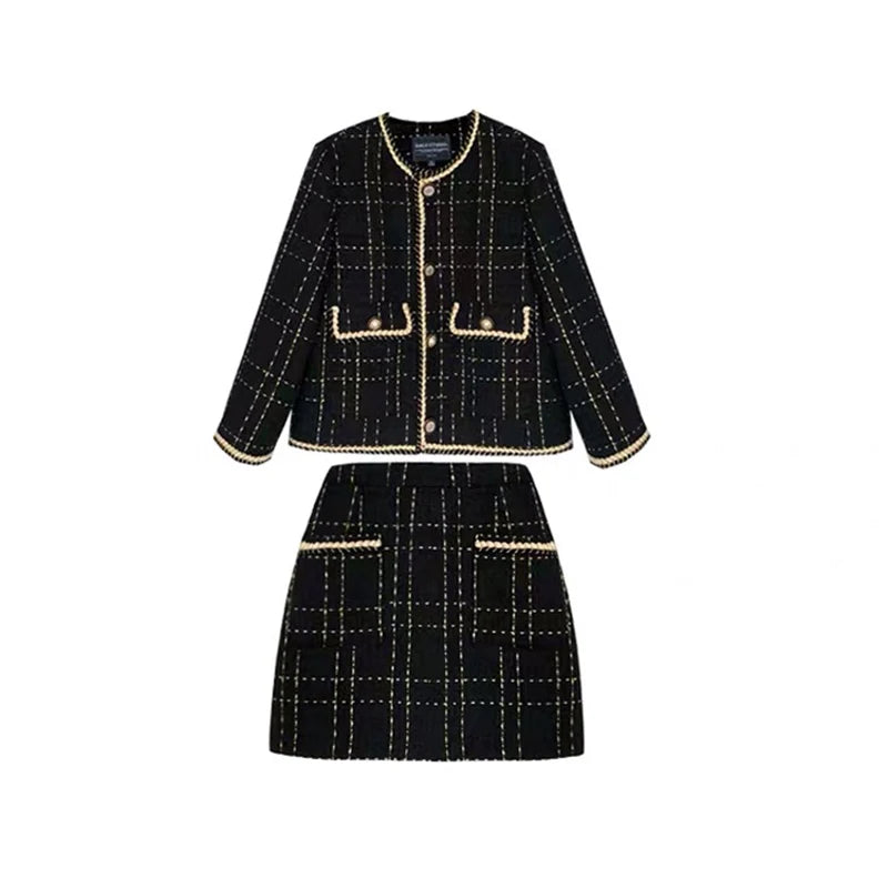 Women Fried Street Tweed Suit 2023 New Spring Autumn Wool Jacket + Skirt Female Fashion Loose Tweed Skirts Two-Piece Set