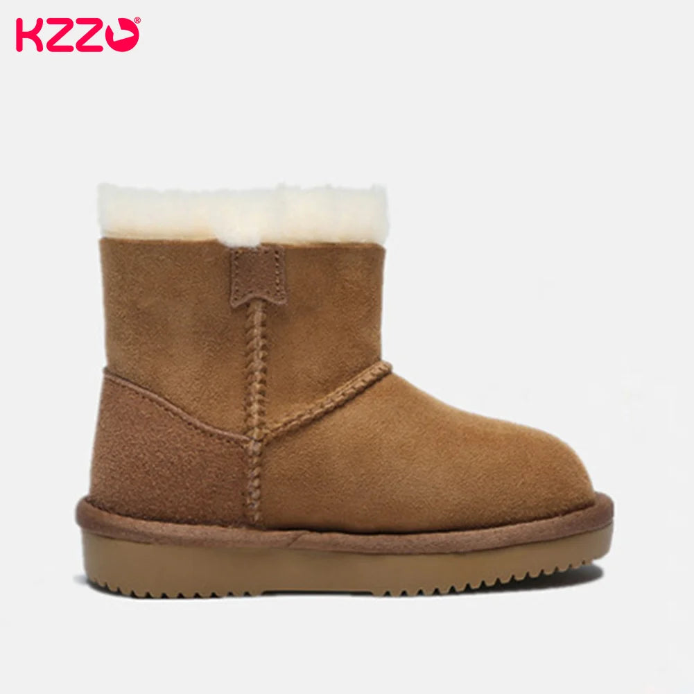 KZZO Sheepskin Suede Leather Natural Wool Fur Lined Big Kids Winter Snow Boots Students Ankle Warm Shoes Children Boys And Girls