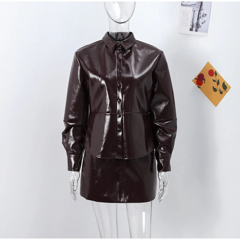 Street Leather Jacket Short Skirt Set Women O-neck Single Breasted Jackets Sexy Mini Skirts 2024 Autumn Lady Locomotive Outfits