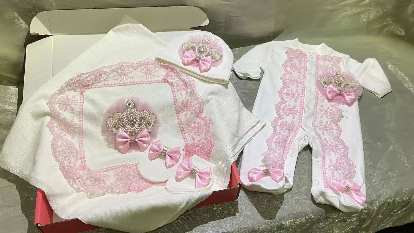 Dollbling 5pcs Newborn Welcome Home Outfits Cotton Infant Baby Nest Luxury Bedding Personalized Embroidery Blanket Set