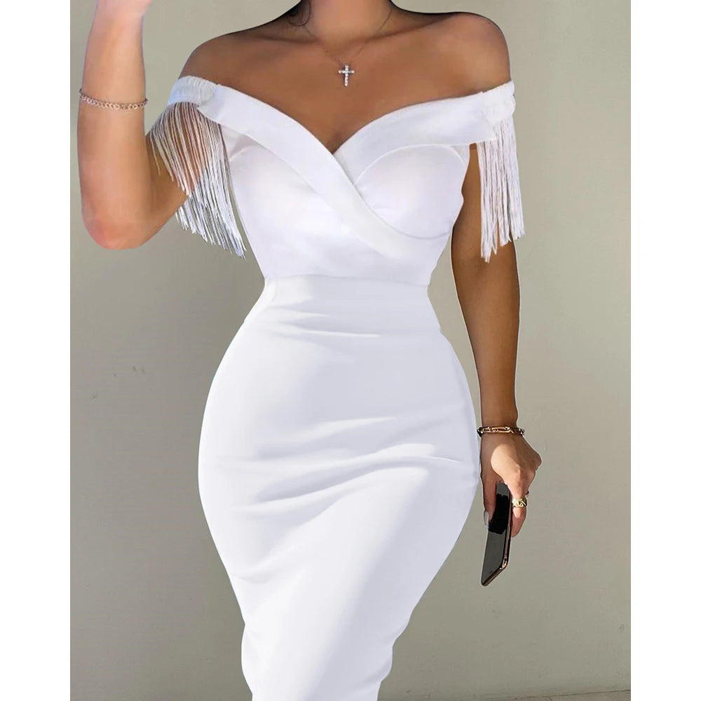 White Dresses Women Solid Elegant Off Shoulder Tassel Midi Formal Party Sexy Bodycon Dress Sexy Club Party High Waist Vestidos