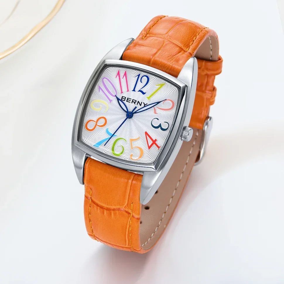 BERNY Women's Watches Elegant Casual S/S Leather Strap Square Quartz Woman Watch Ladies Colorful Numeral Easy Read Wristwatch