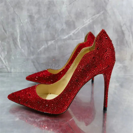 Red Rhinestone Pumps Stiletto High Heels Single Shoes Women Golden Full Diamonds Shallow Shoes for Lady Brand Design Big Size 43