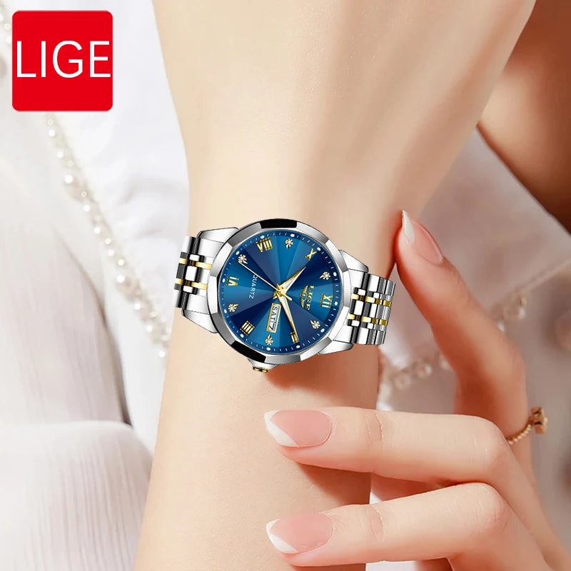 LIGE Luxury Fashion Quartz Woman Watch Elegant Waterproof Date Stainless Women Wristwatch Luminous Week Ladies Clock Reloj Mujer