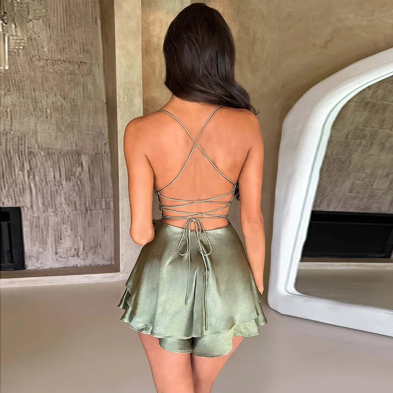 Sexy Women's Backless Dress Cross Strap Sleeveless Round Neck Short Summer Pure Color Satin Evening Dress Jumpsuit Vest Club Bar Nightclub Outfit