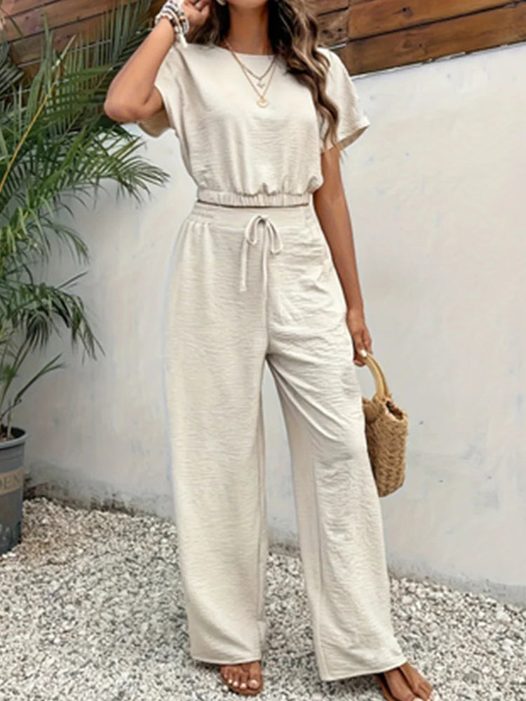 2024 Summer Soild Apricot Color Two Piece Set Women Casual Slash Neck Short Tops + High Waist Wide Leg Pants Female Suit New