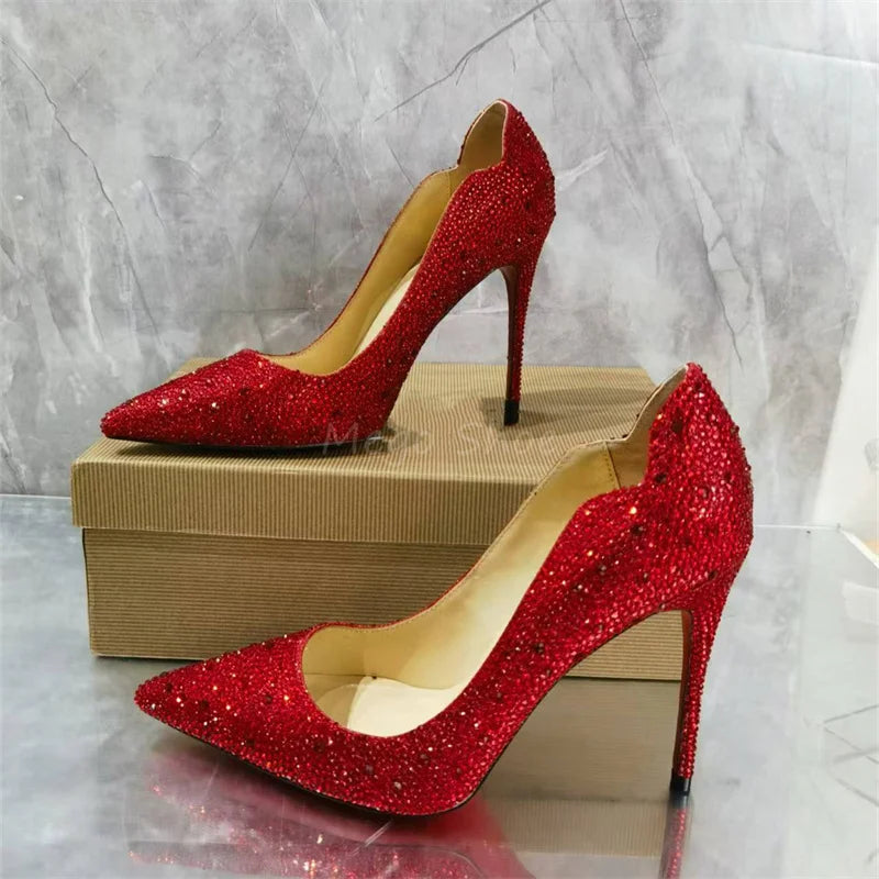 Red Rhinestone Pumps Stiletto High Heels Single Shoes Women Golden Full Diamonds Shallow Shoes for Lady Brand Design Big Size 43