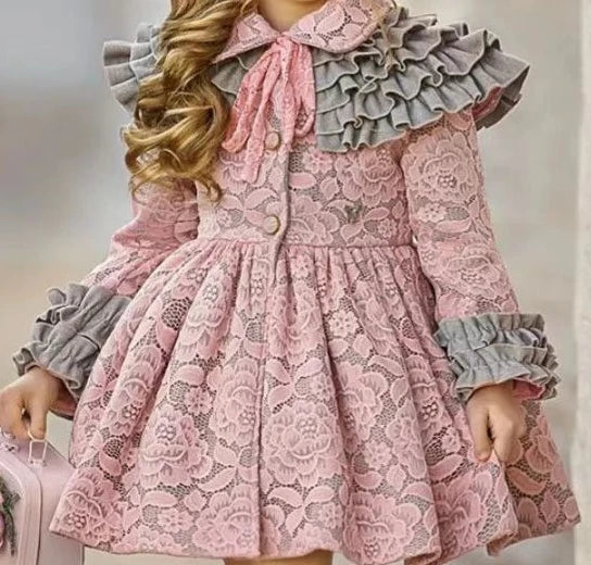 1-12Y Baby Girl Winter Pink Lace Vintage Palace Spanish Turkish Princess Wool Coat Cape for Birthday Eid Photography