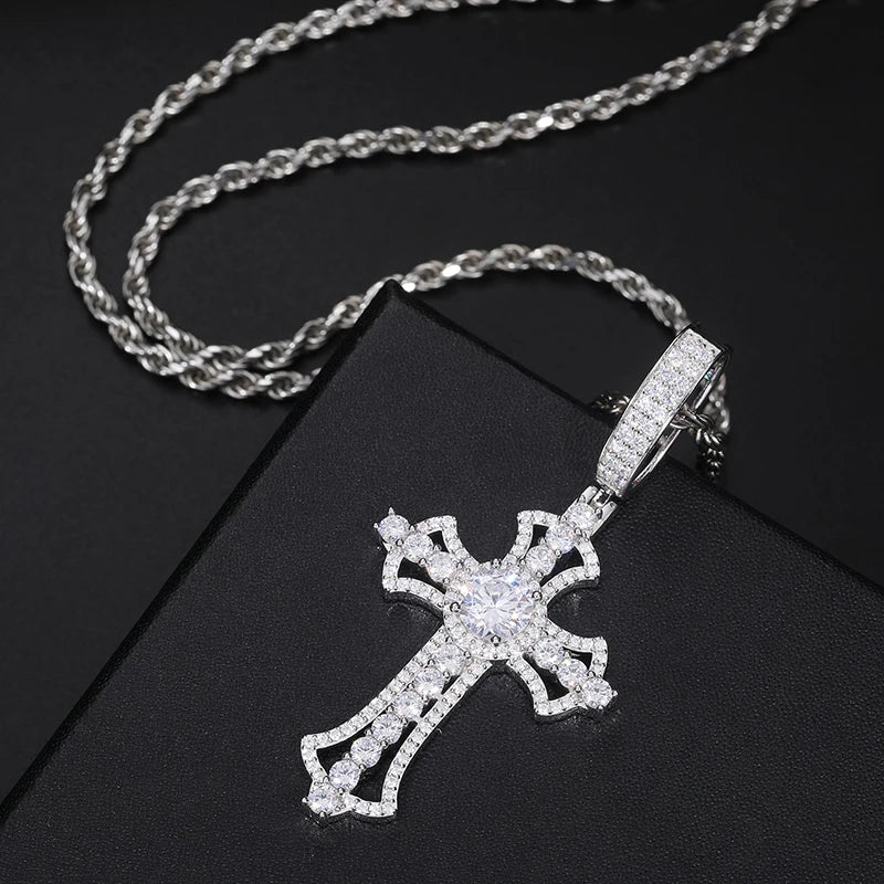 Original S925 Sterling Silver Charms Cross Pedant Neckalce For Man Women Full Sparkling D Color Moissanite Hip Hop Jewelry Gifts