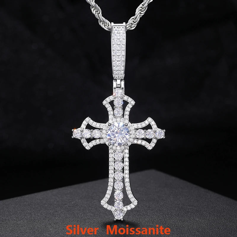 Original S925 Sterling Silver Charms Cross Pedant Neckalce For Man Women Full Sparkling D Color Moissanite Hip Hop Jewelry Gifts