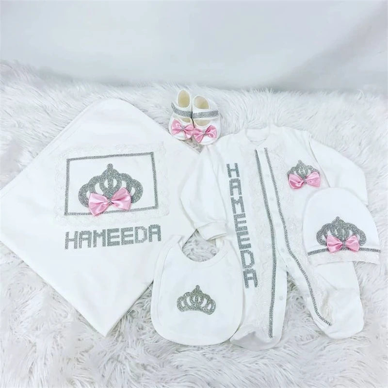 Dollbling 5pcs Newborn Welcome Home Outfits Cotton Infant Baby Nest Luxury Bedding Personalized Embroidery Blanket Set