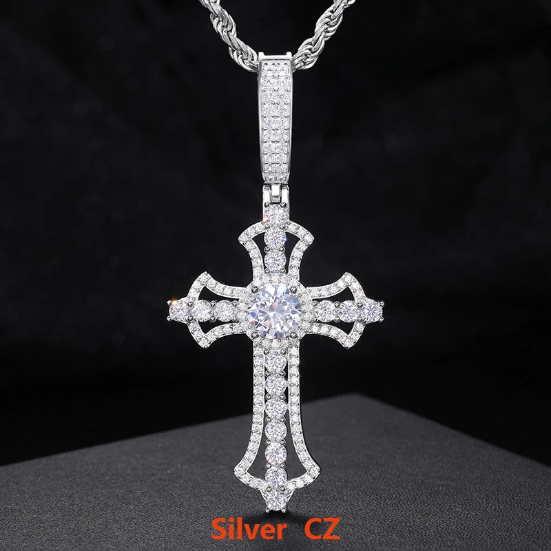 Original S925 Sterling Silver Charms Cross Pedant Neckalce For Man Women Full Sparkling D Color Moissanite Hip Hop Jewelry Gifts