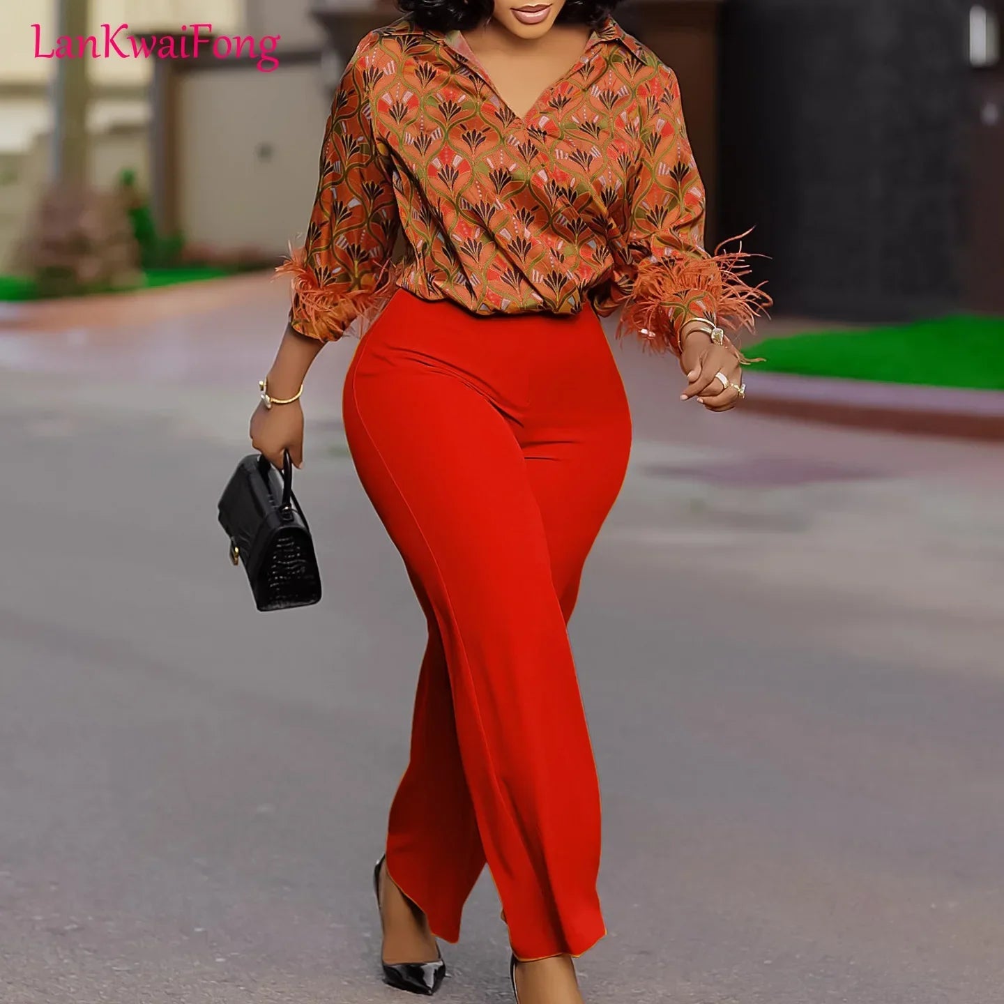 LKF New Commuting Elegant Women's Set Printed Long Sleeve Collar Shirt Wide Leg Pants Two Piece Set