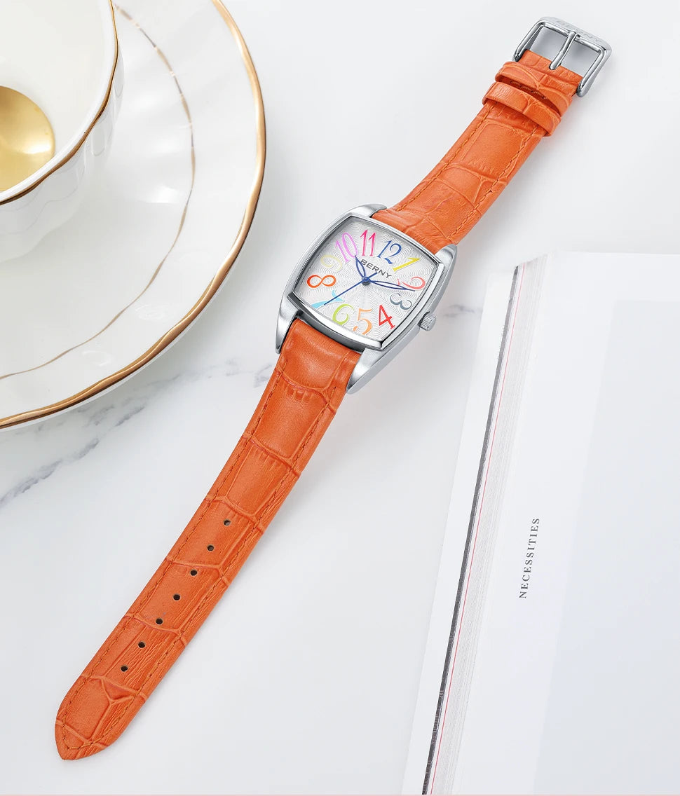 BERNY Women's Watches Elegant Casual S/S Leather Strap Square Quartz Woman Watch Ladies Colorful Numeral Easy Read Wristwatch