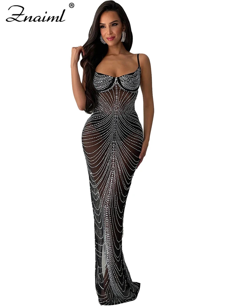 Znaiml Sexy Mesh See Through Night Party Club Birthday Dress for Women Sparkly Crystal Rhinestone Gown Wedding Evening Vestidos