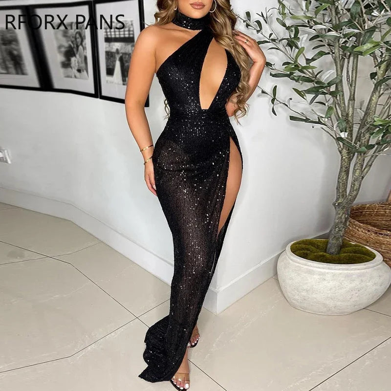 Women Solid Halter Cold Shoulder Sequins High Silt Asymmetrical Bodycon Sexy Maxi Party Black Dress